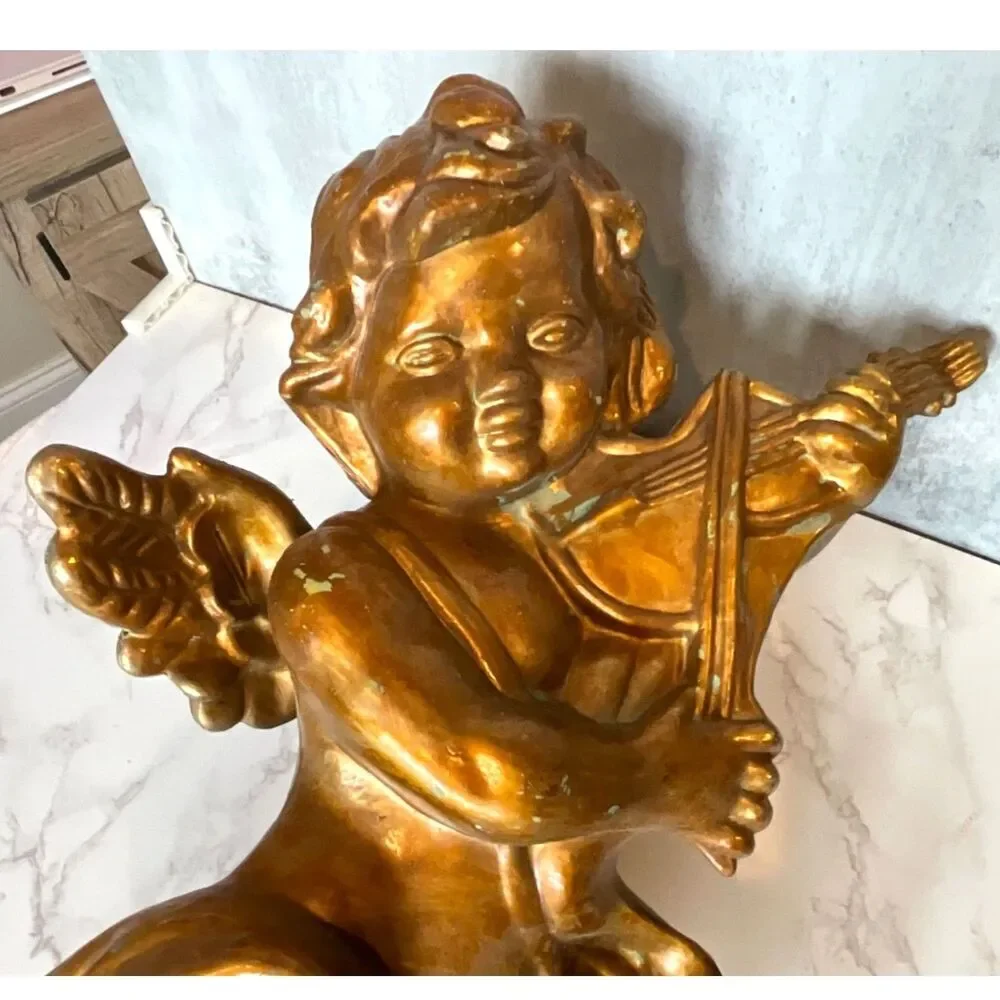 Beautiful gold painted large size cherub with violin Hollywood glam